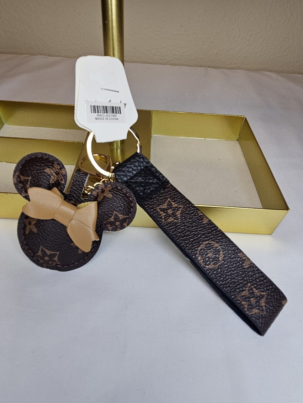 Mouse Monogram Print Keychain & Wristlet Strap Purse Charm NWT Dark Brown
